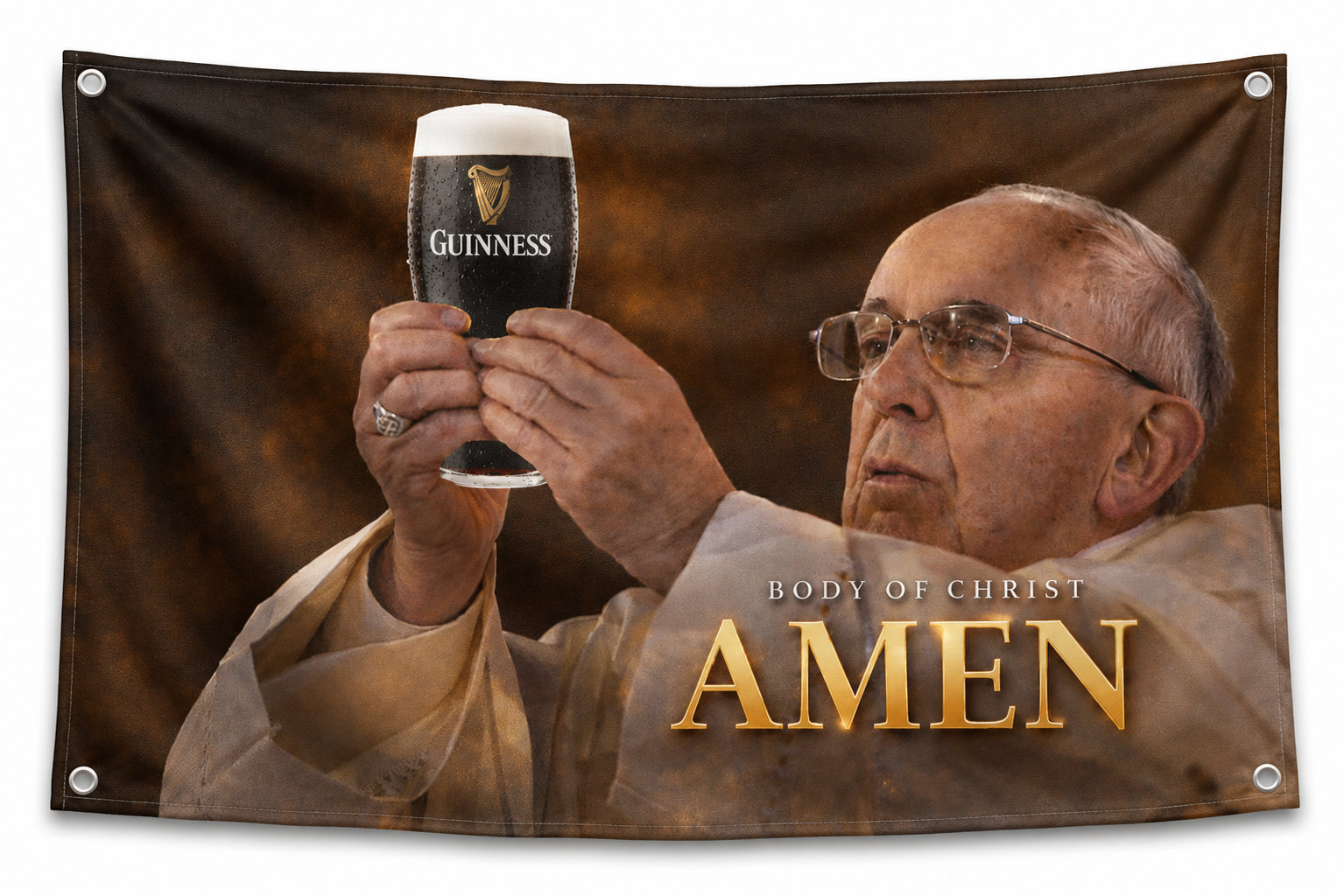 Funny Pope Guinness Flag | “Body of Christ Amen” Banner | Irish Pub, Mancave & Bar Decor | 5x3ft Polyester Flag
