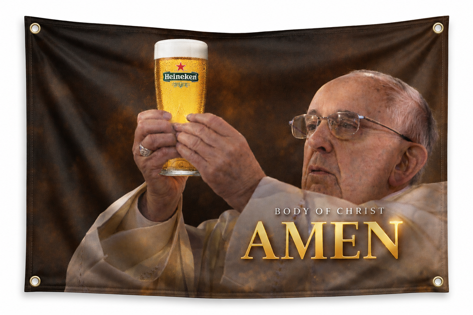 Pope Heineken “Body of Christ Amen” Flag Banner | Funny Beer Flag | 5x3ft Polyester Wall Hanging